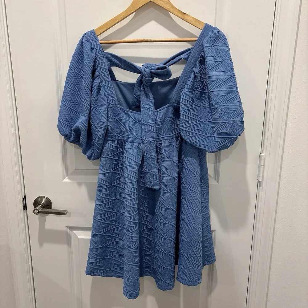 Free People Blue Puff Sleeve Textured Mini  Dress Size S Tie Back Babydoll